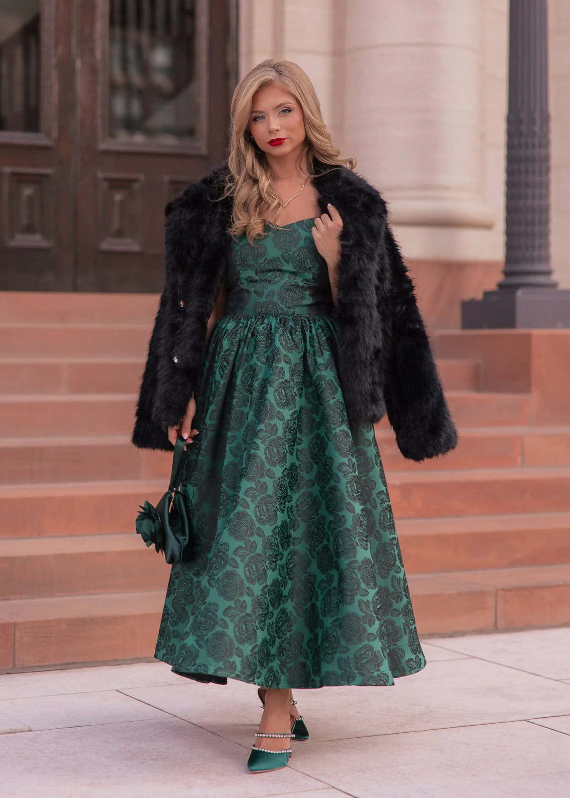 Campbell Floral Print Corset Midi Dress - Green