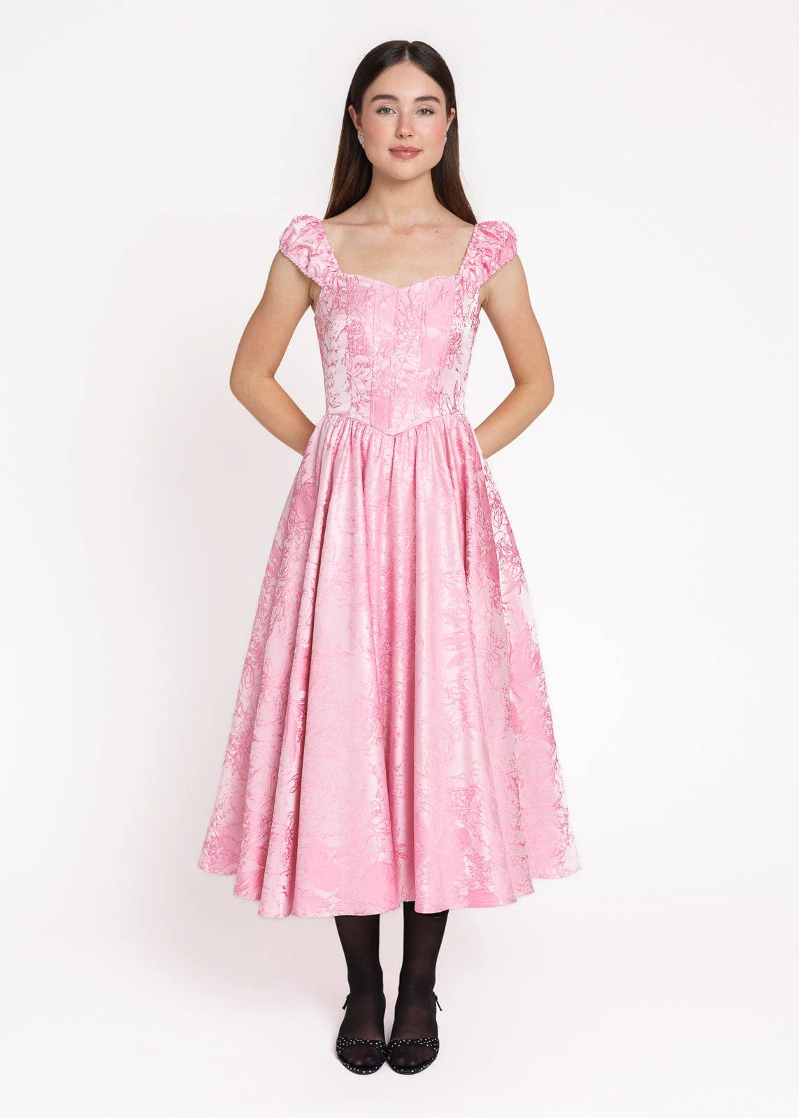 Carolyn A-Line Basque Waist Midi Dress - Pink - Image 3