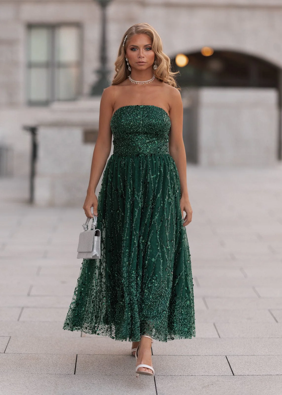 Elphie Strapless Sequin Corset Midi Dress - Green - Image 3