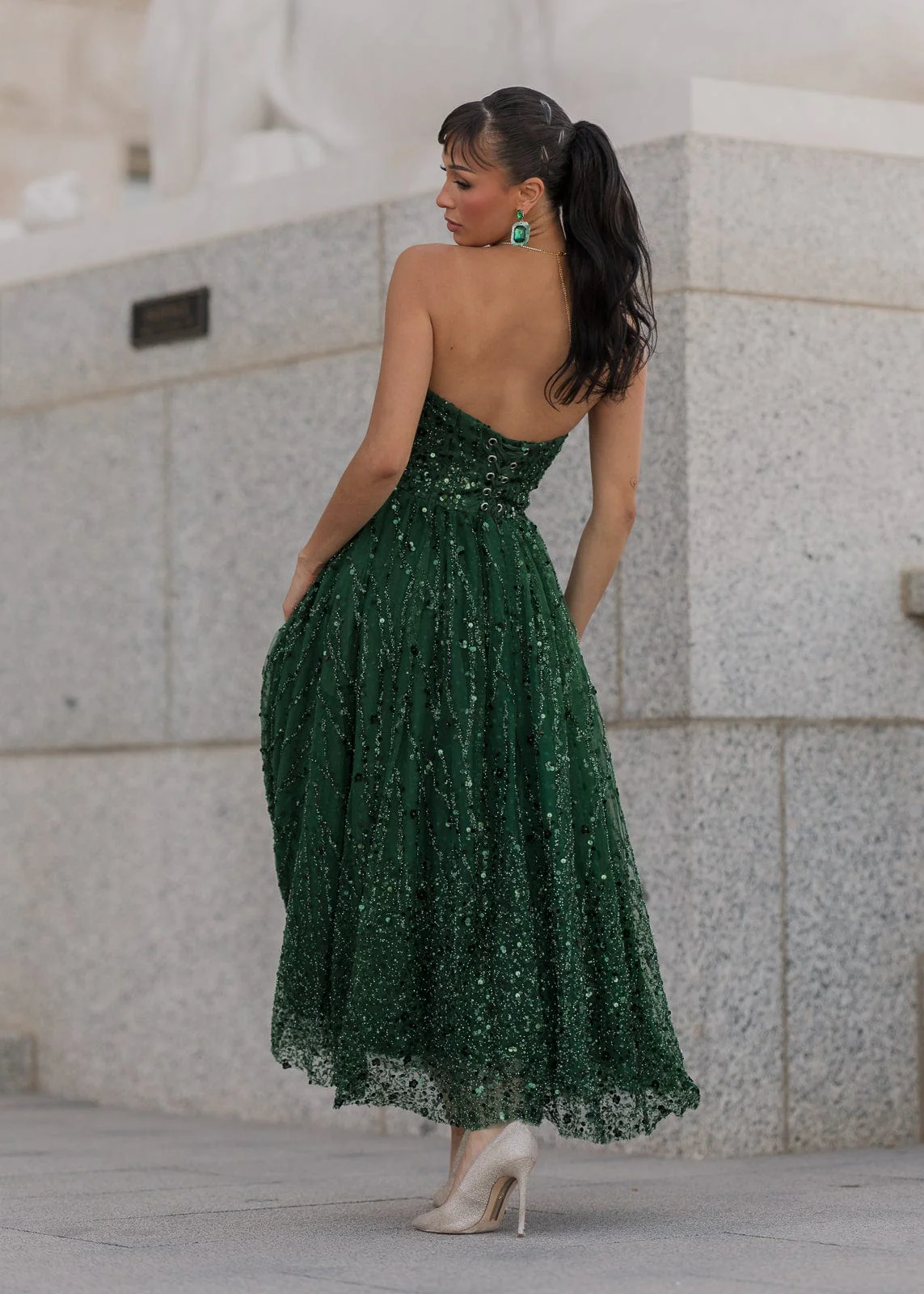 Elphie Strapless Sequin Corset Midi Dress - Green - Image 4