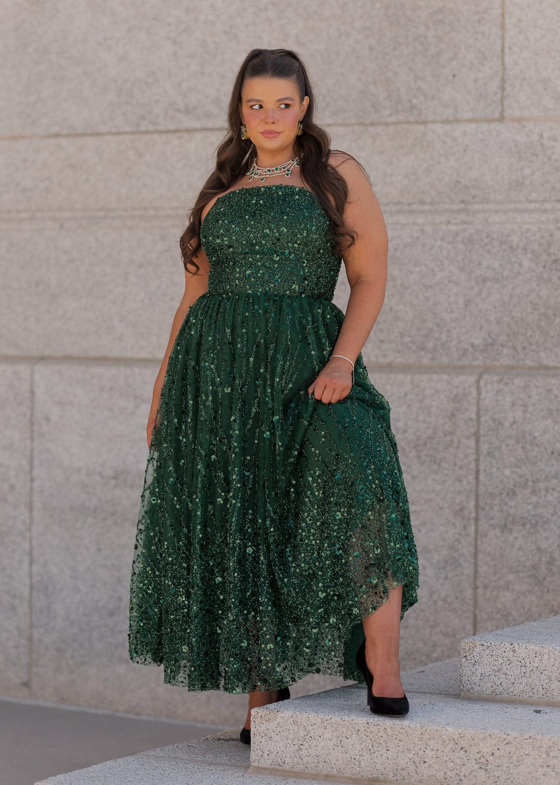 Elphie Strapless Sequin Corset Midi Dress - Green - Image 6