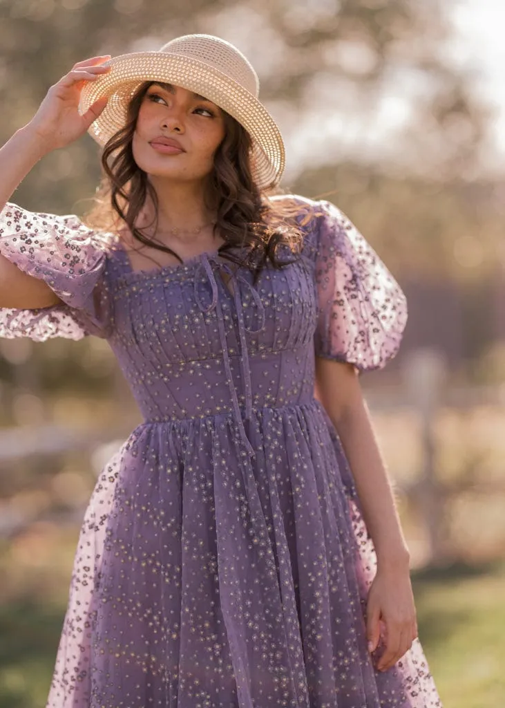 Everbloom Puff Sleeve Midi Dress in Purple - Image 3