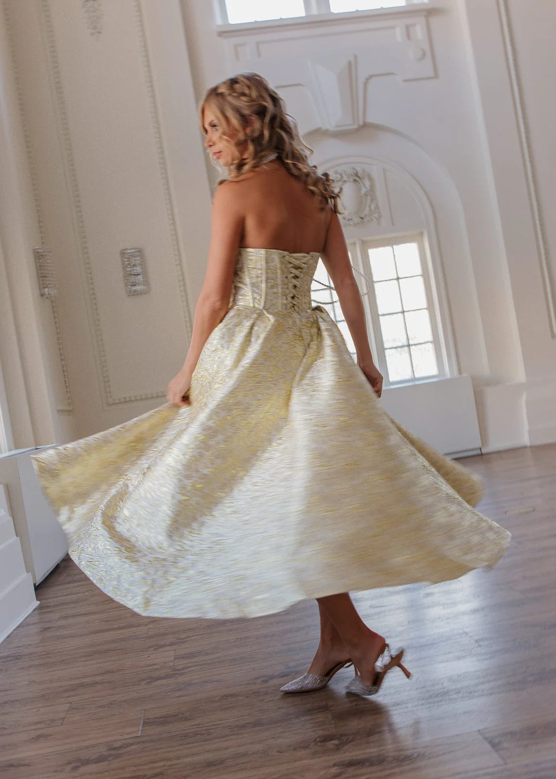 Gloria Strapless Corset Jacquard Midi Dress - Gold - Image 11
