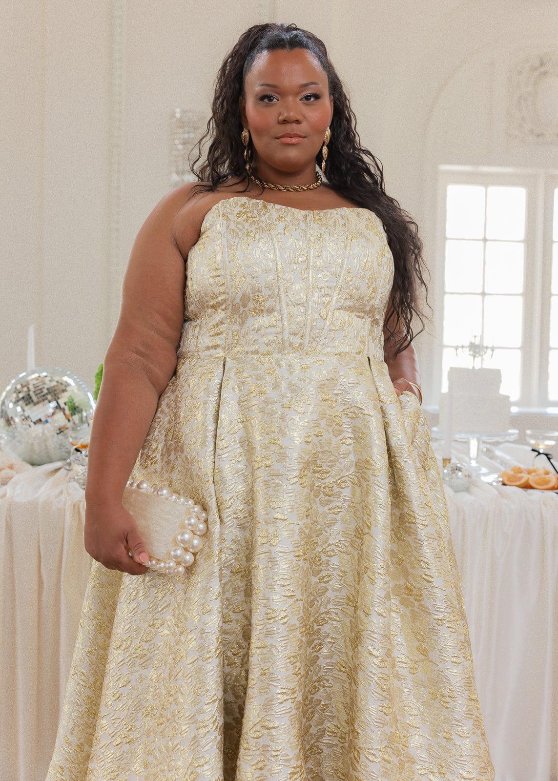 Gloria Strapless Corset Jacquard Midi Dress - Gold - Image 12