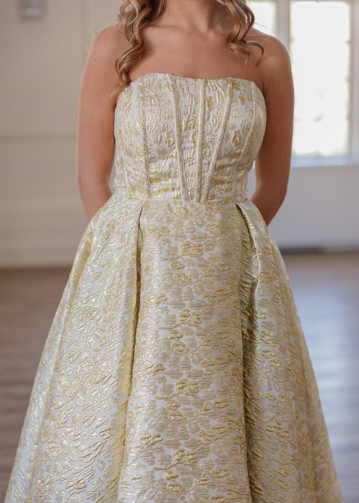 Gloria Strapless Corset Jacquard Midi Dress - Gold - Image 4
