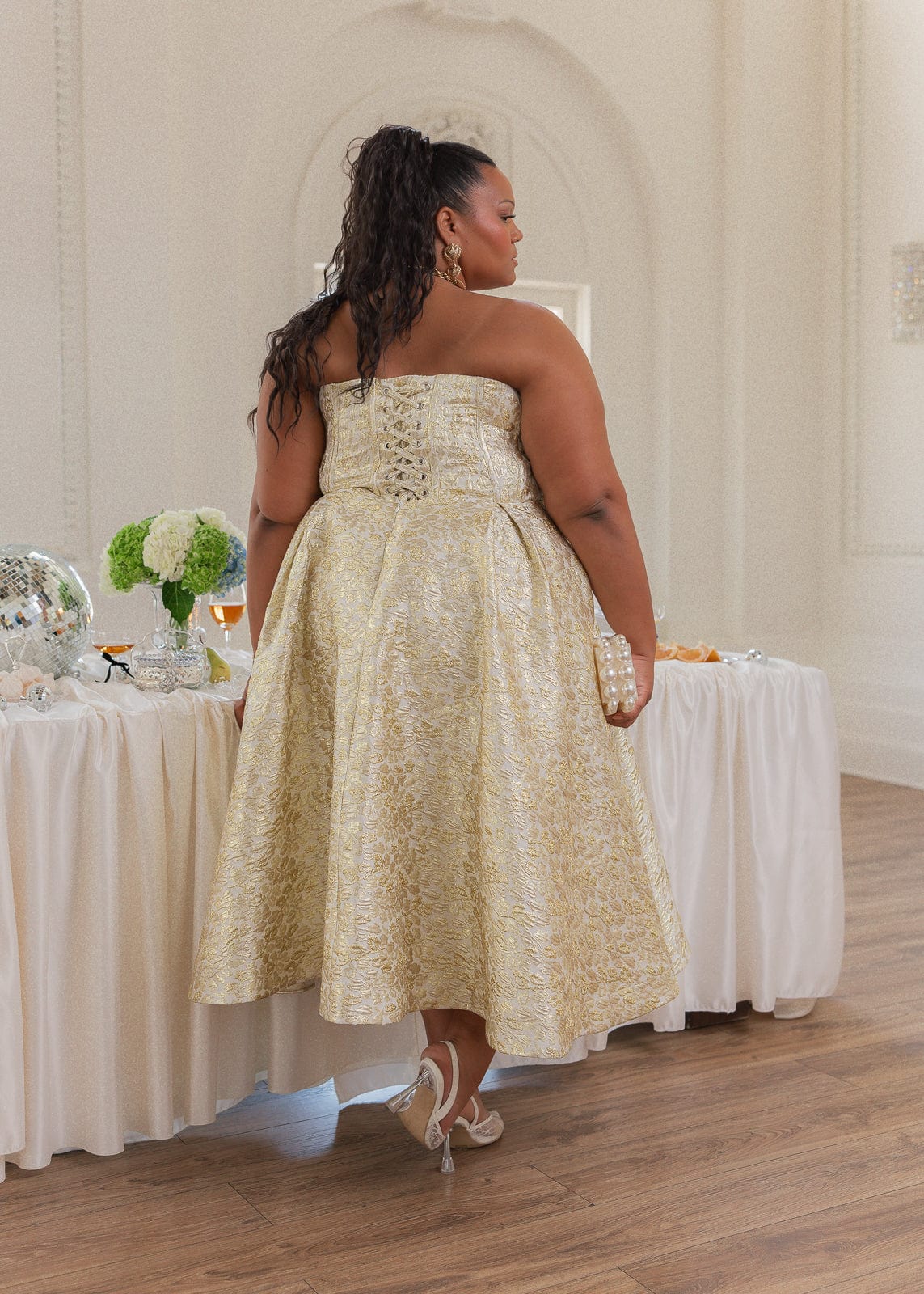 Gloria Strapless Corset Jacquard Midi Dress - Gold - Image 8