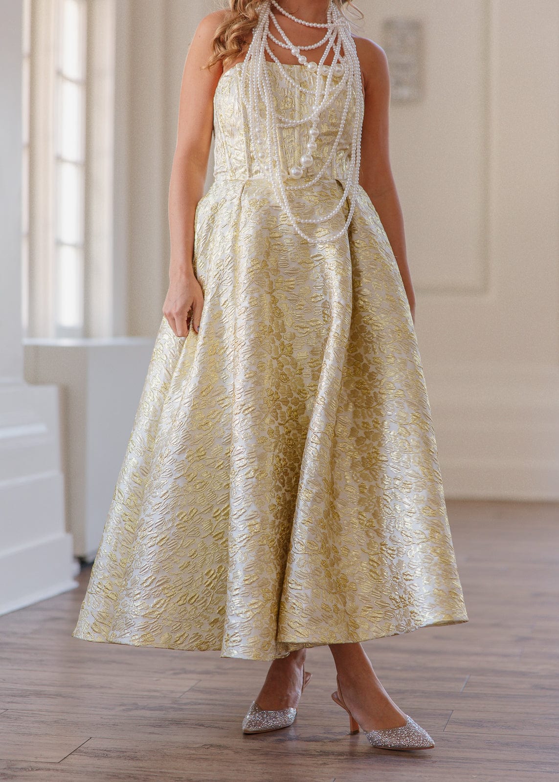 Gloria Strapless Corset Jacquard Midi Dress - Gold - Image 9
