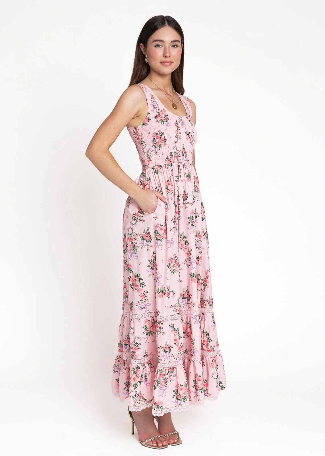 Juliette Floral Bow Print Maxi Dress - Pink - Image 8