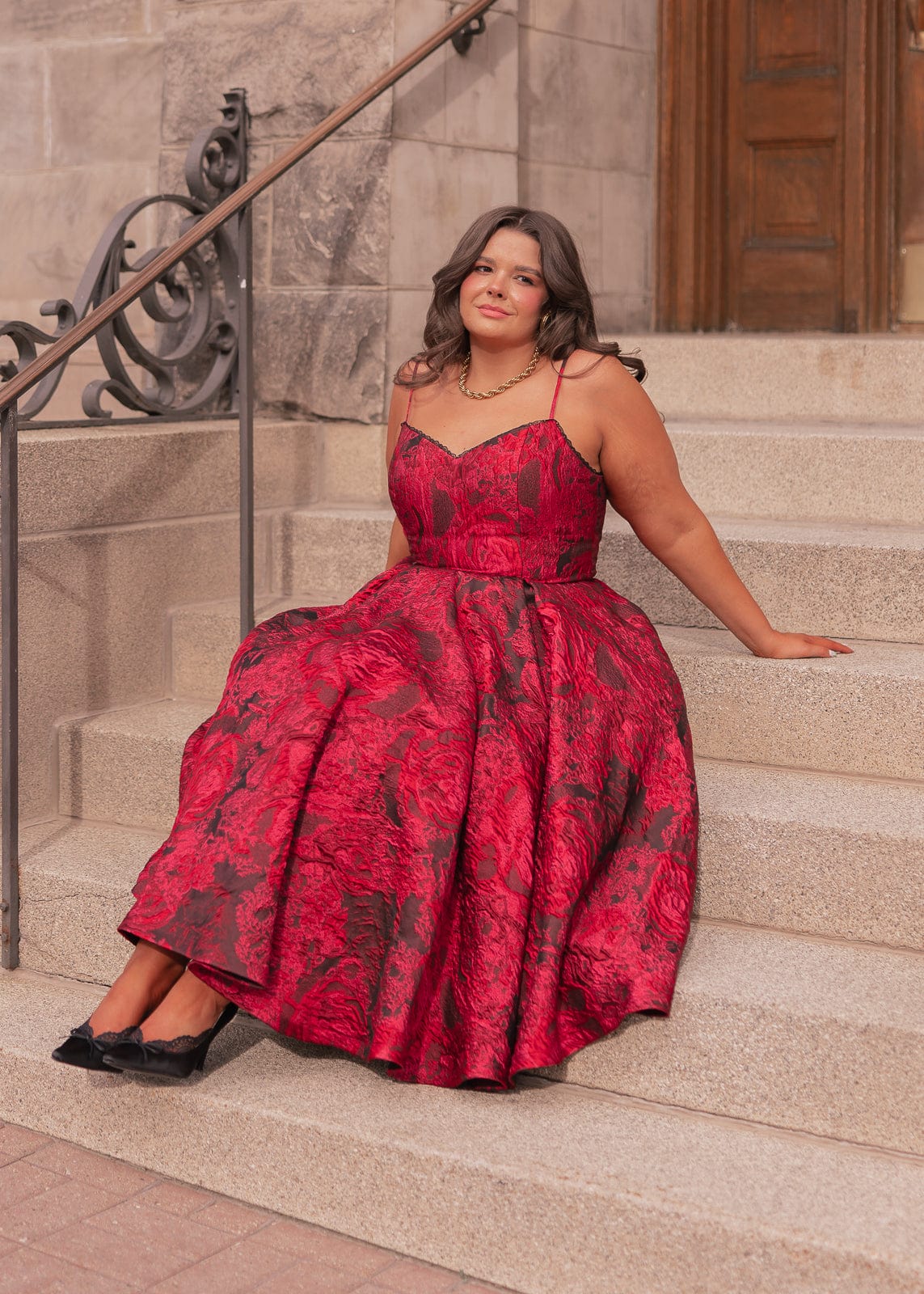 Kelly A-line Jacquard Midi Dress - Red - Image 4