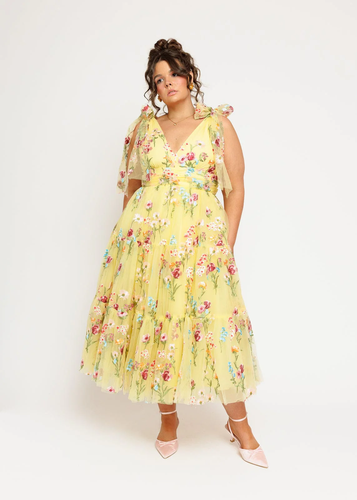 Margaret Floral Embroidered Midi Dress Yellow - Image 3