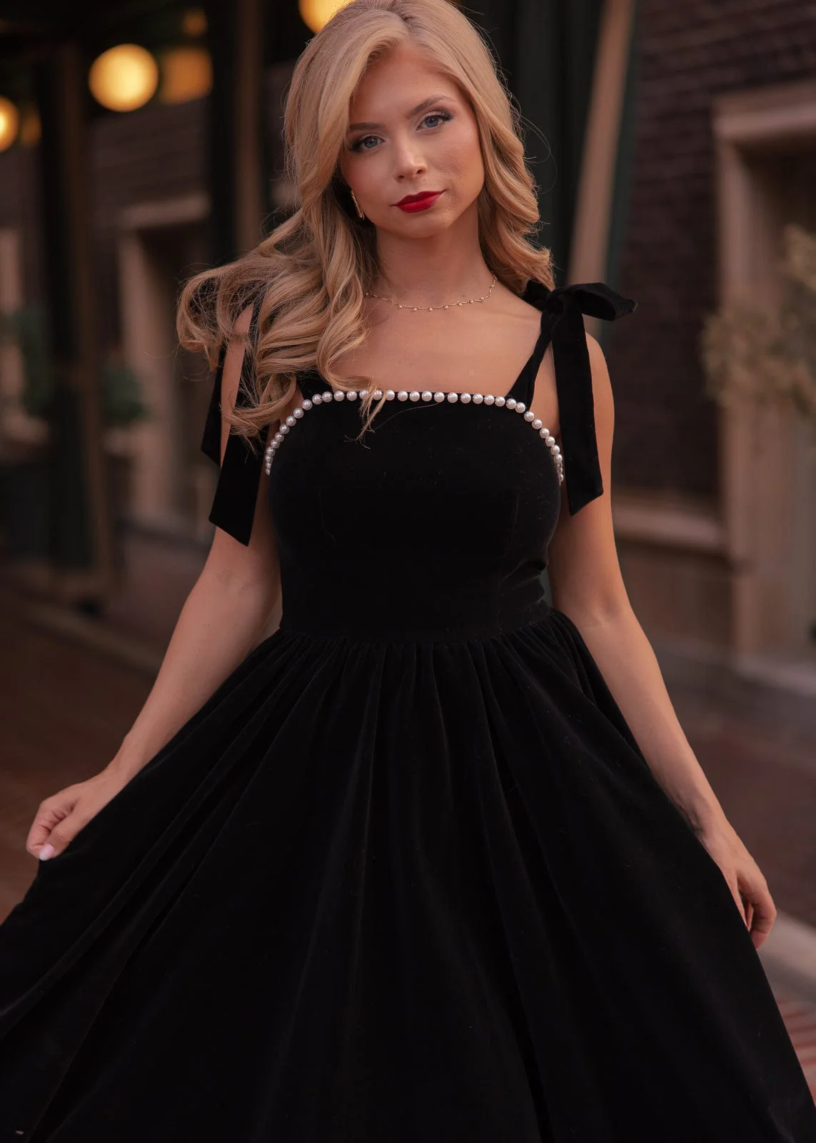 Mary Velvet Pearl Trim Bow Detail Midi Dress - Black - Image 7