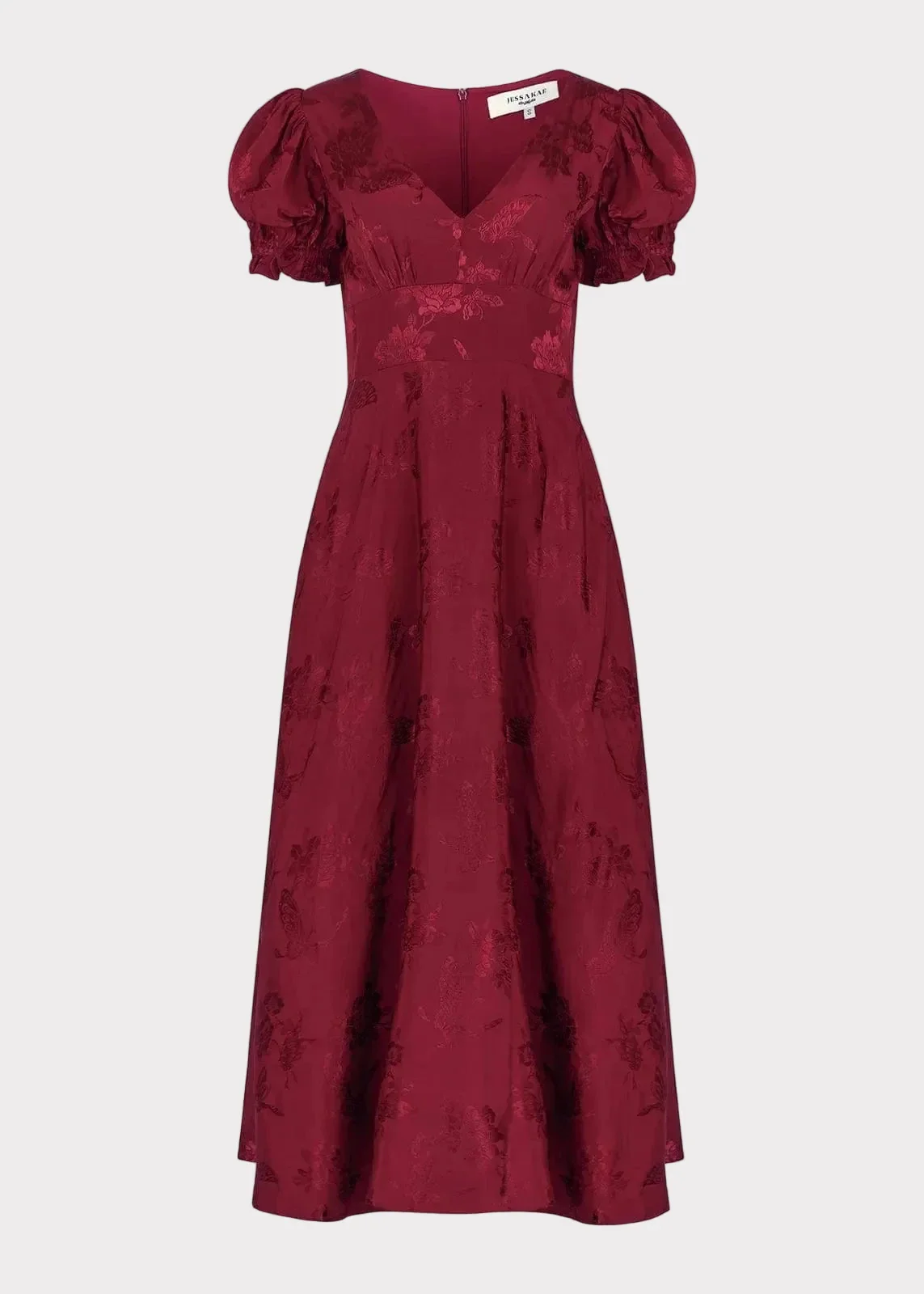Mila Puff Sleeve Jacquard Floral Satin V-Neck Midi Dress - Burgundy - Image 2