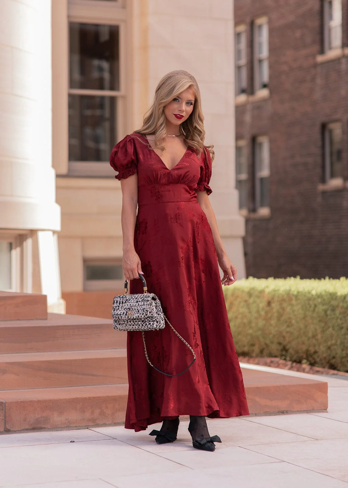 Mila Puff Sleeve Jacquard Floral Satin V-Neck Midi Dress - Burgundy - Image 3