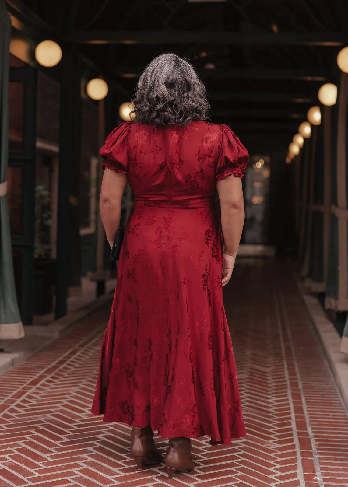 Mila Puff Sleeve Jacquard Floral Satin V-Neck Midi Dress - Burgundy - Image 5