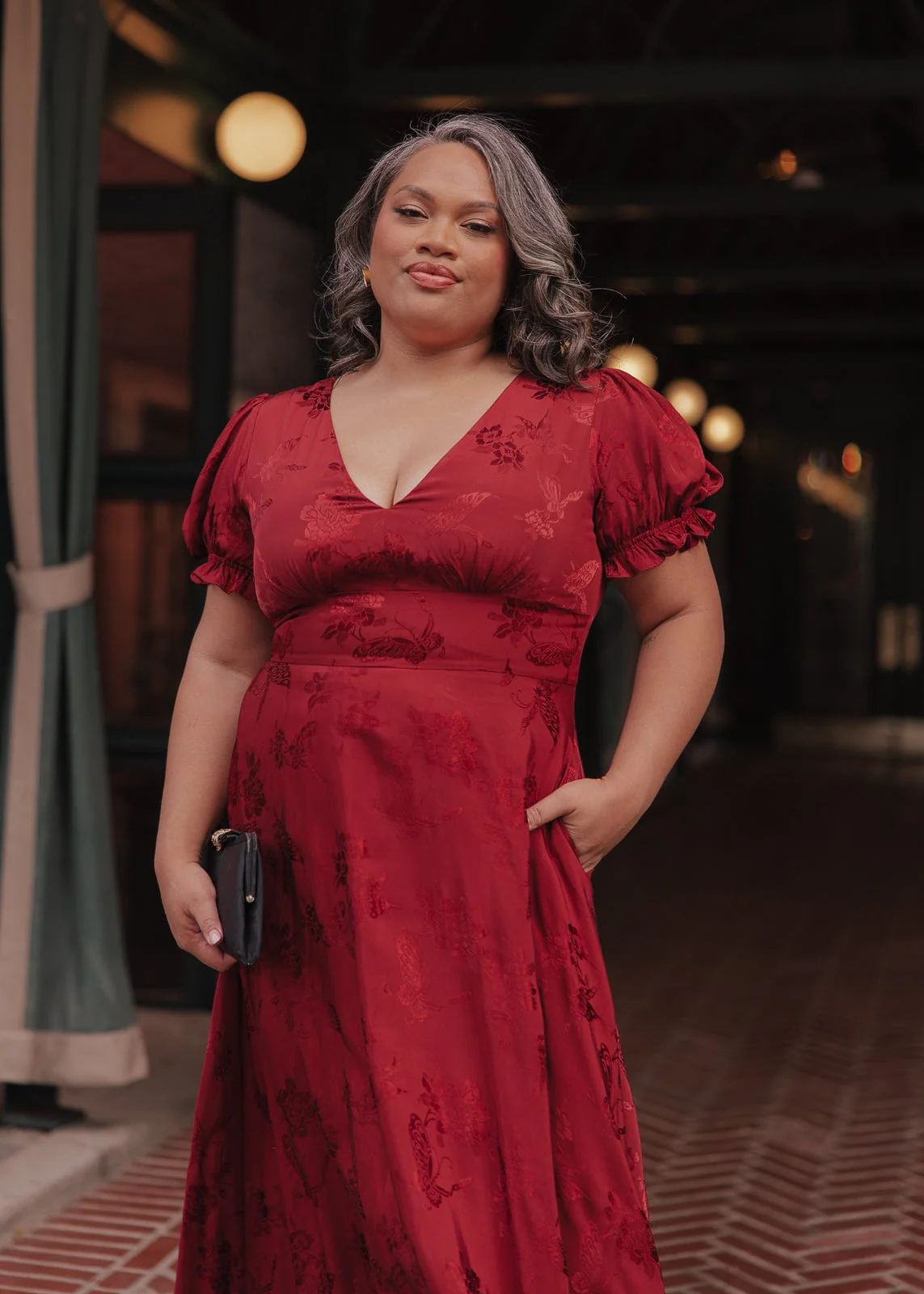 Mila Puff Sleeve Jacquard Floral Satin V-Neck Midi Dress - Burgundy - Image 7
