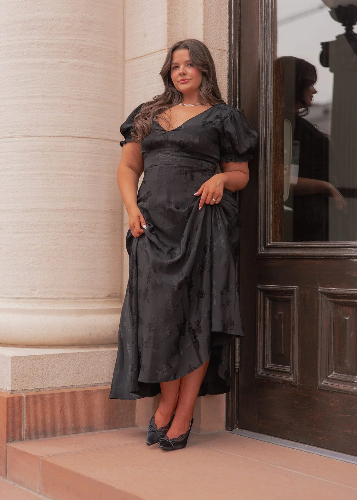 Mila Puff Sleeve Jacquard Floral Satin V-Neck Midi Dress - Black - Image 14