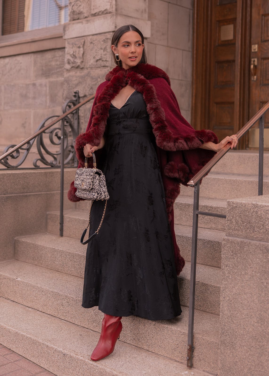 Mila Puff Sleeve Jacquard Floral Satin V-Neck Midi Dress - Black - Image 4