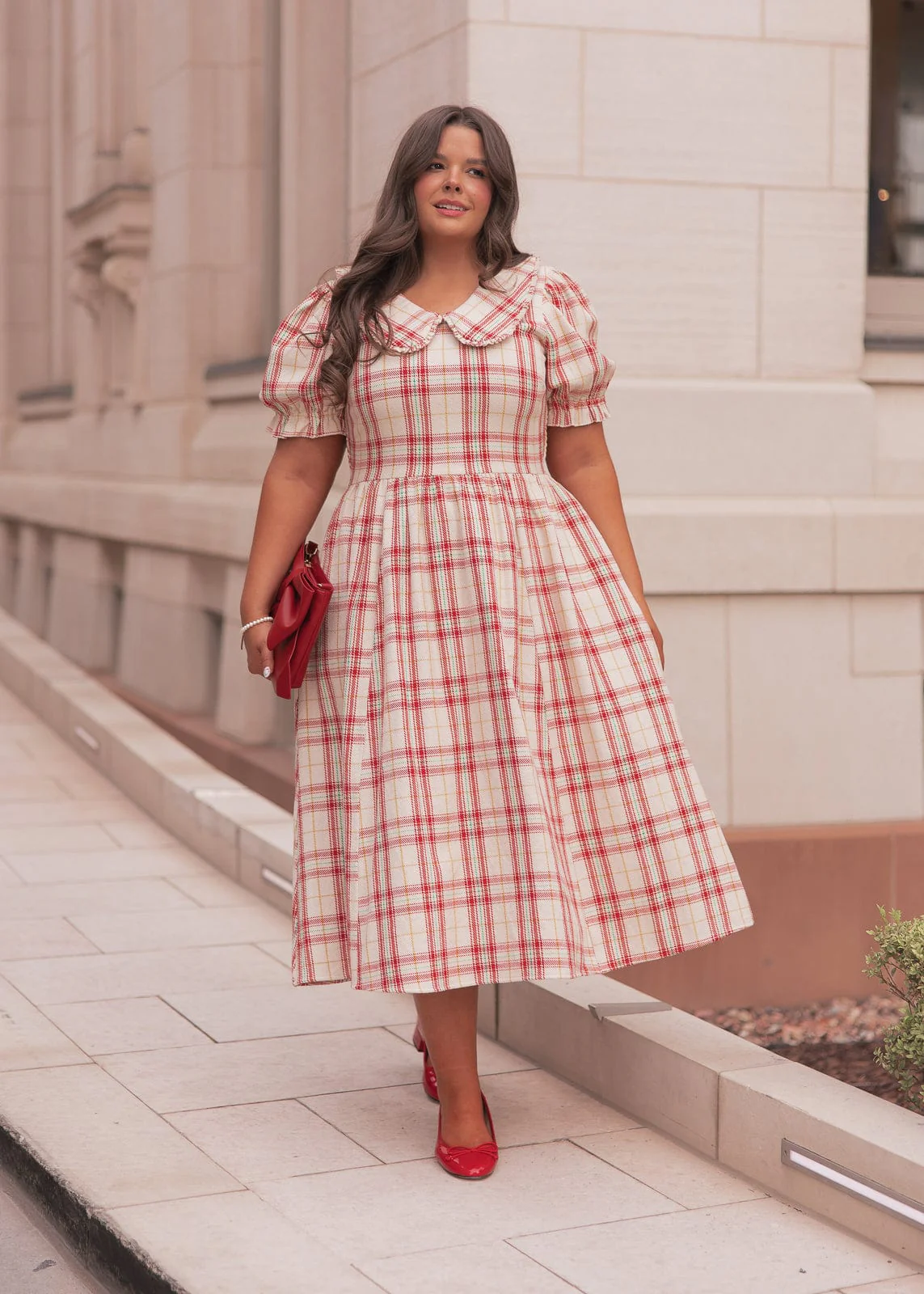 Pyper Oversized Collar Cotton Puff Sleeve Midi Dress - Red Plaid - Image 11