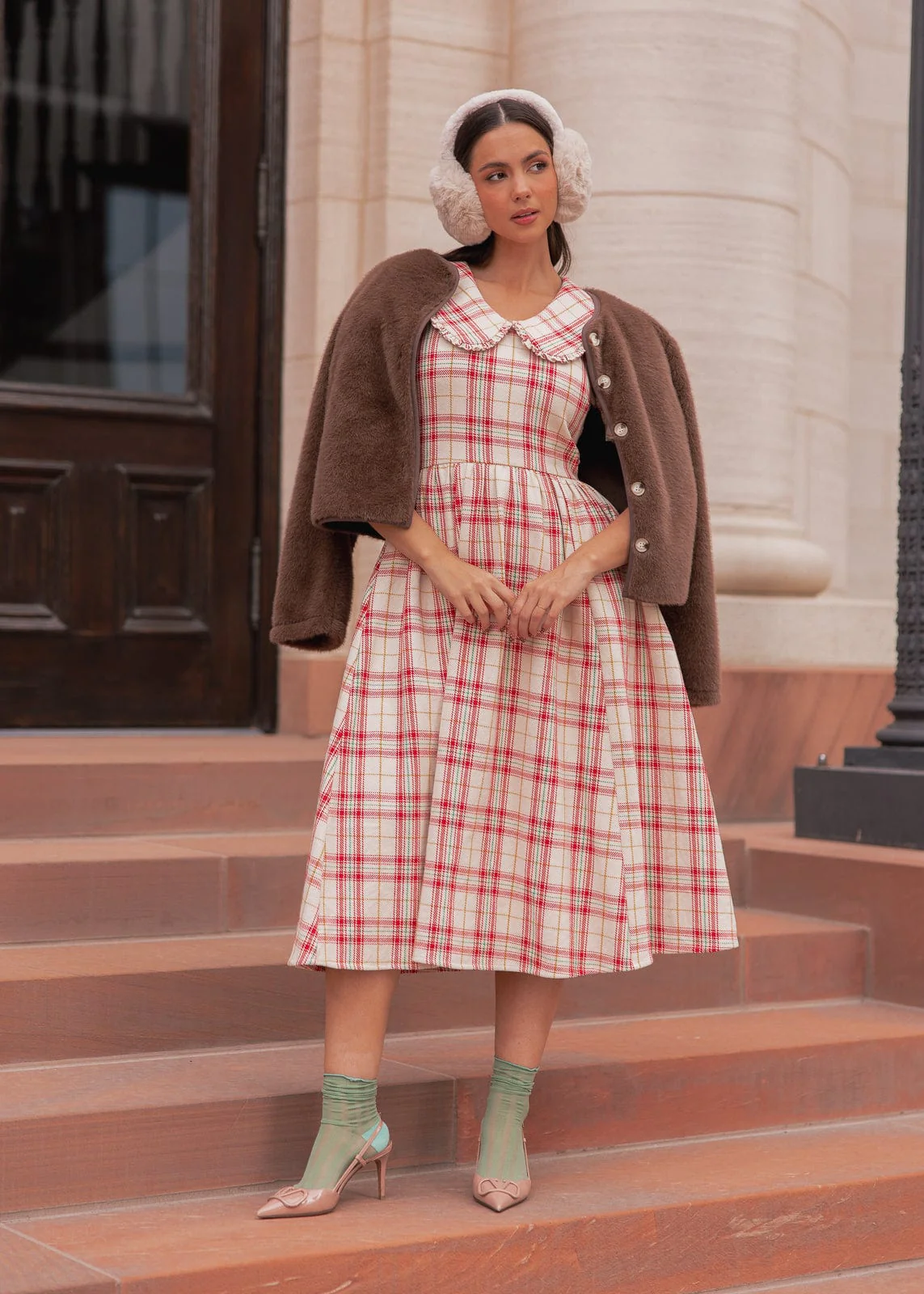 Pyper Oversized Collar Cotton Puff Sleeve Midi Dress - Red Plaid - Image 3