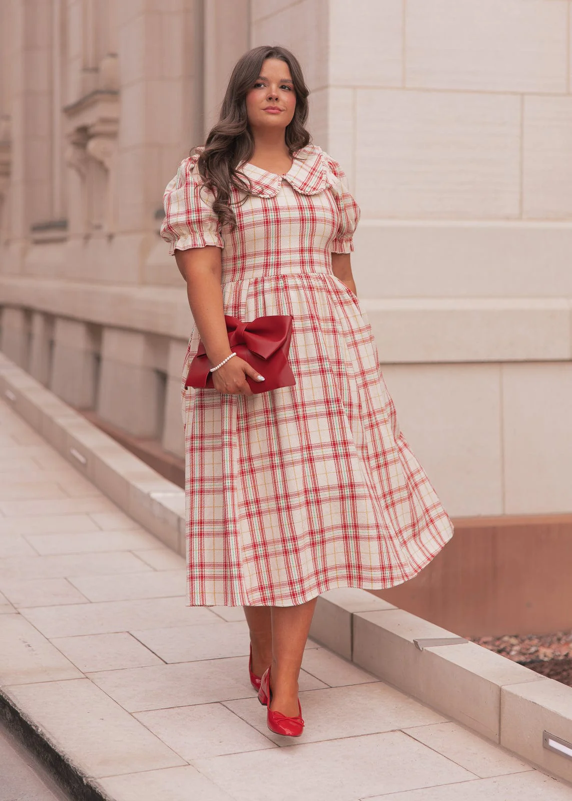 Pyper Oversized Collar Cotton Puff Sleeve Midi Dress - Red Plaid - Image 4