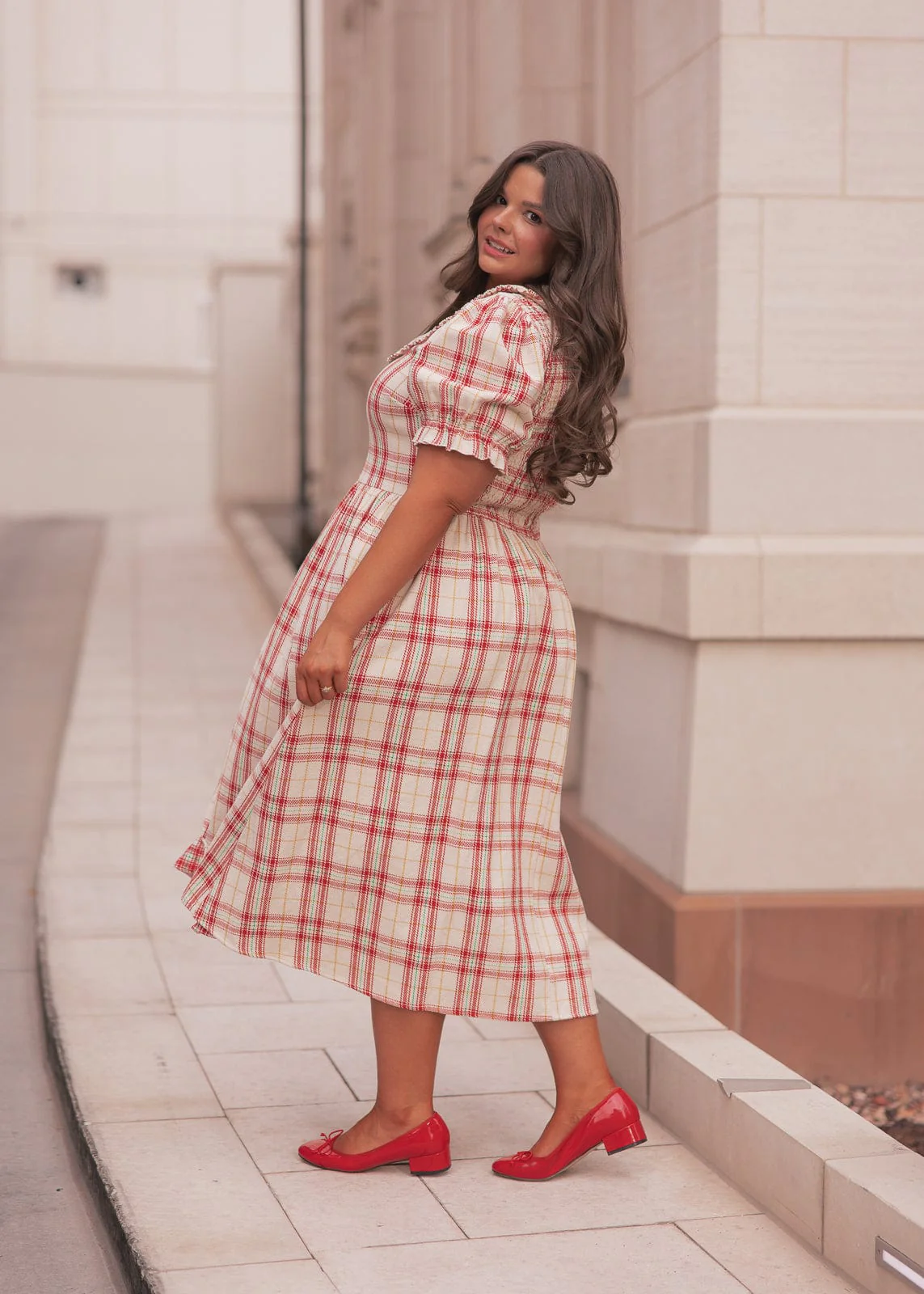 Pyper Oversized Collar Cotton Puff Sleeve Midi Dress - Red Plaid - Image 7