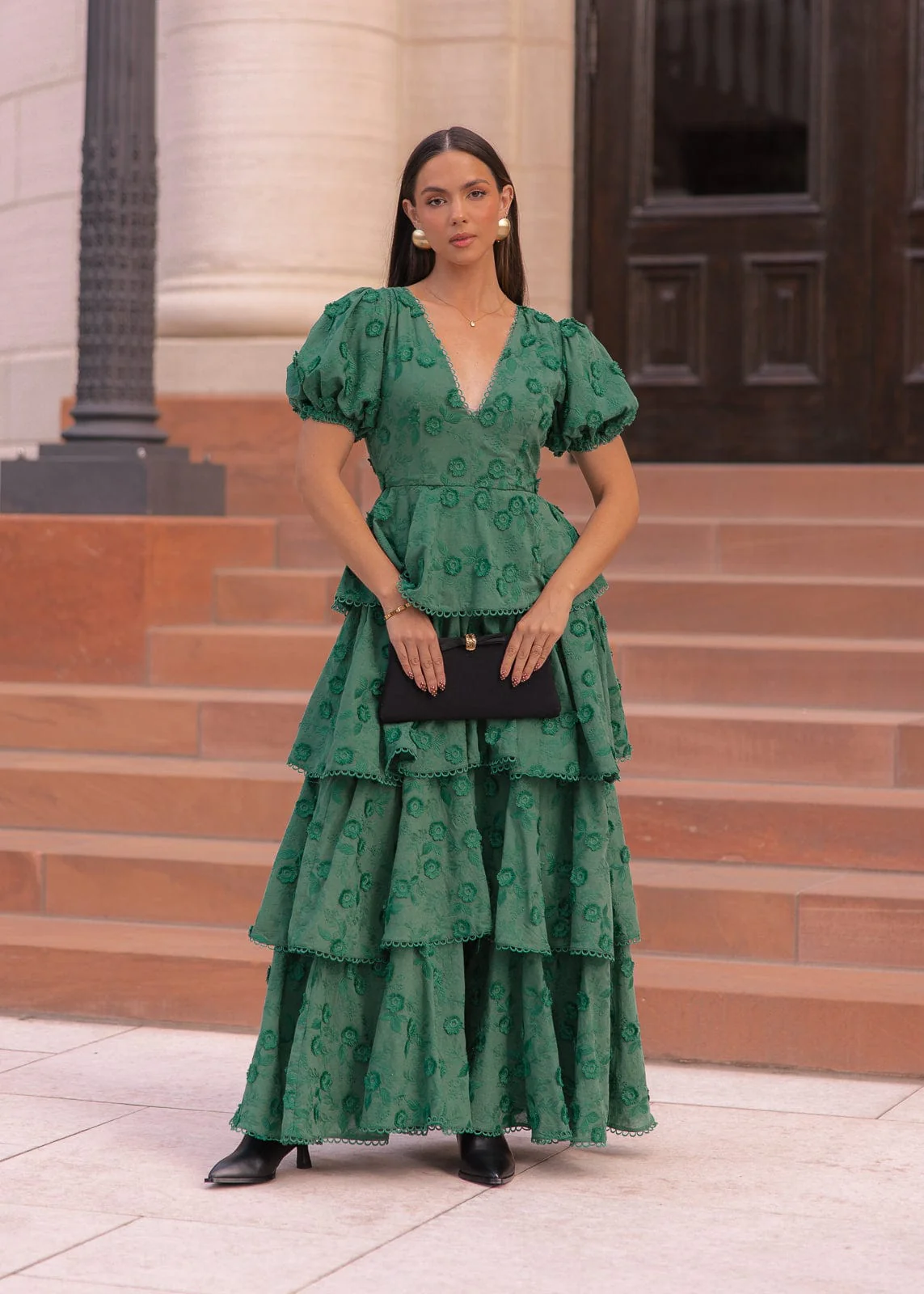 Sloane Puff Sleeve Tiered Cotton Floral V-Neck Maxi Dress - Green - Image 10