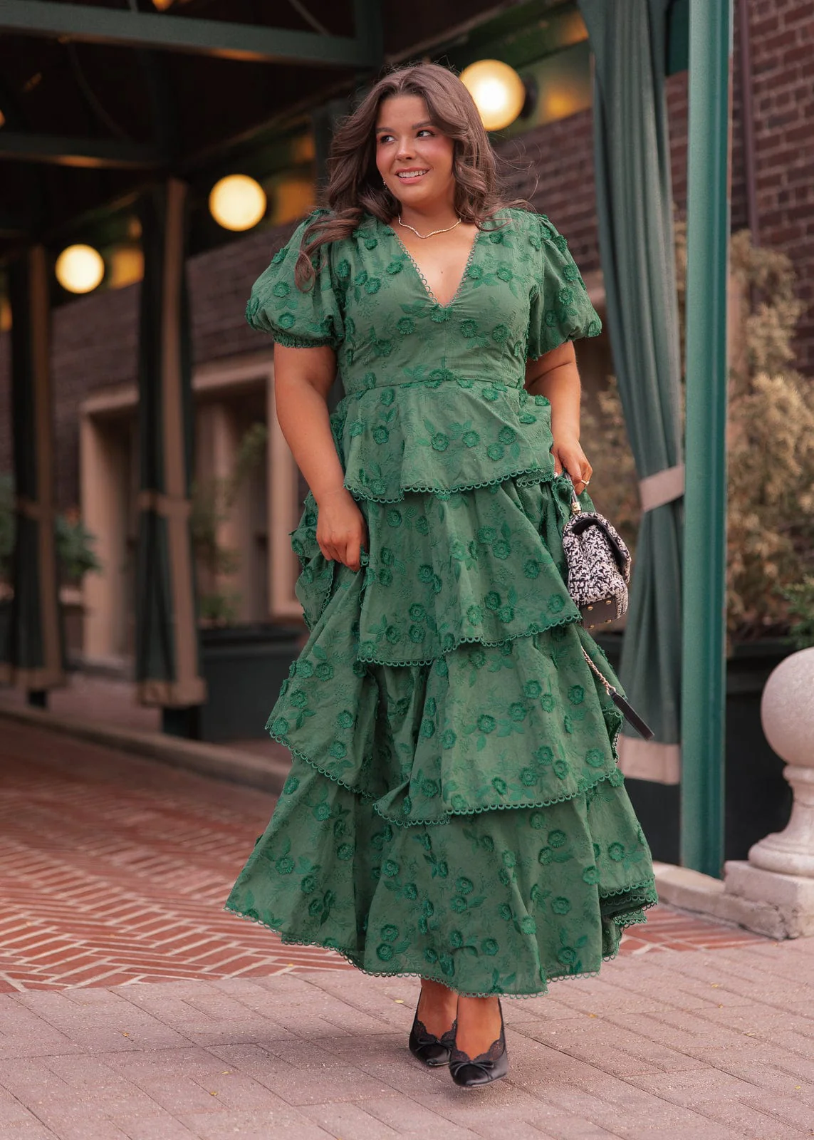 Sloane Puff Sleeve Tiered Cotton Floral V-Neck Maxi Dress - Green - Image 11