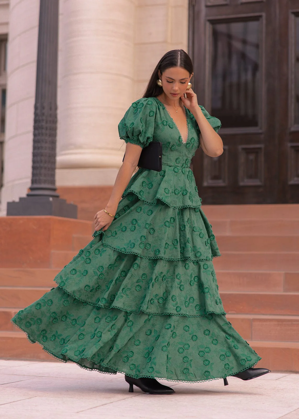 Sloane Puff Sleeve Tiered Cotton Floral V-Neck Maxi Dress - Green - Image 4
