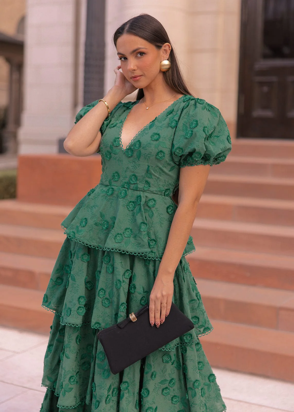 Sloane Puff Sleeve Tiered Cotton Floral V-Neck Maxi Dress - Green - Image 6