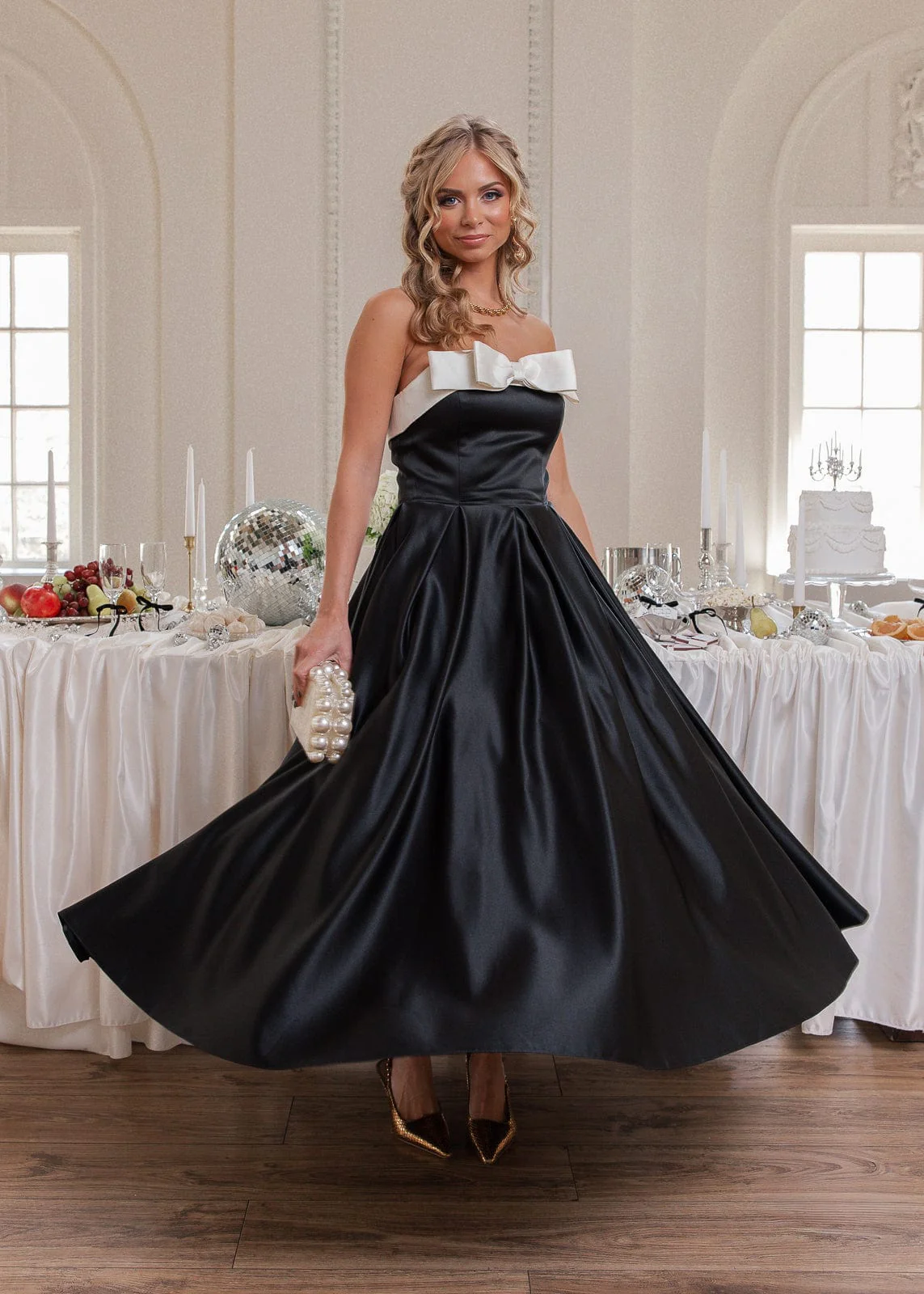 Sutton Satin Bow Strapless Dress - Black - Image 3