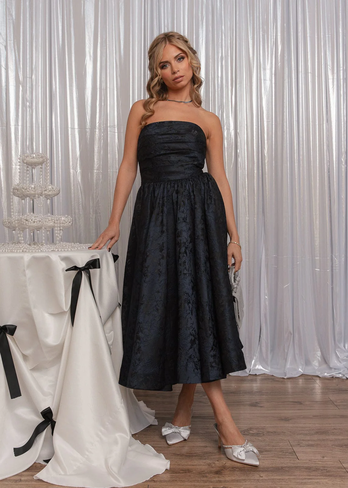 Winslow Strapless Jacquard Corset Midi Dress - Navy