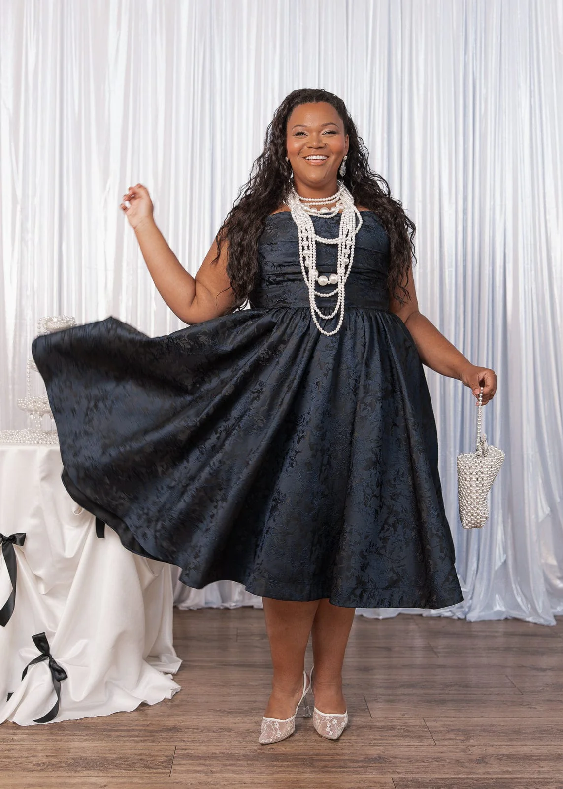 Winslow Strapless Jacquard Corset Midi Dress - Navy - Image 9